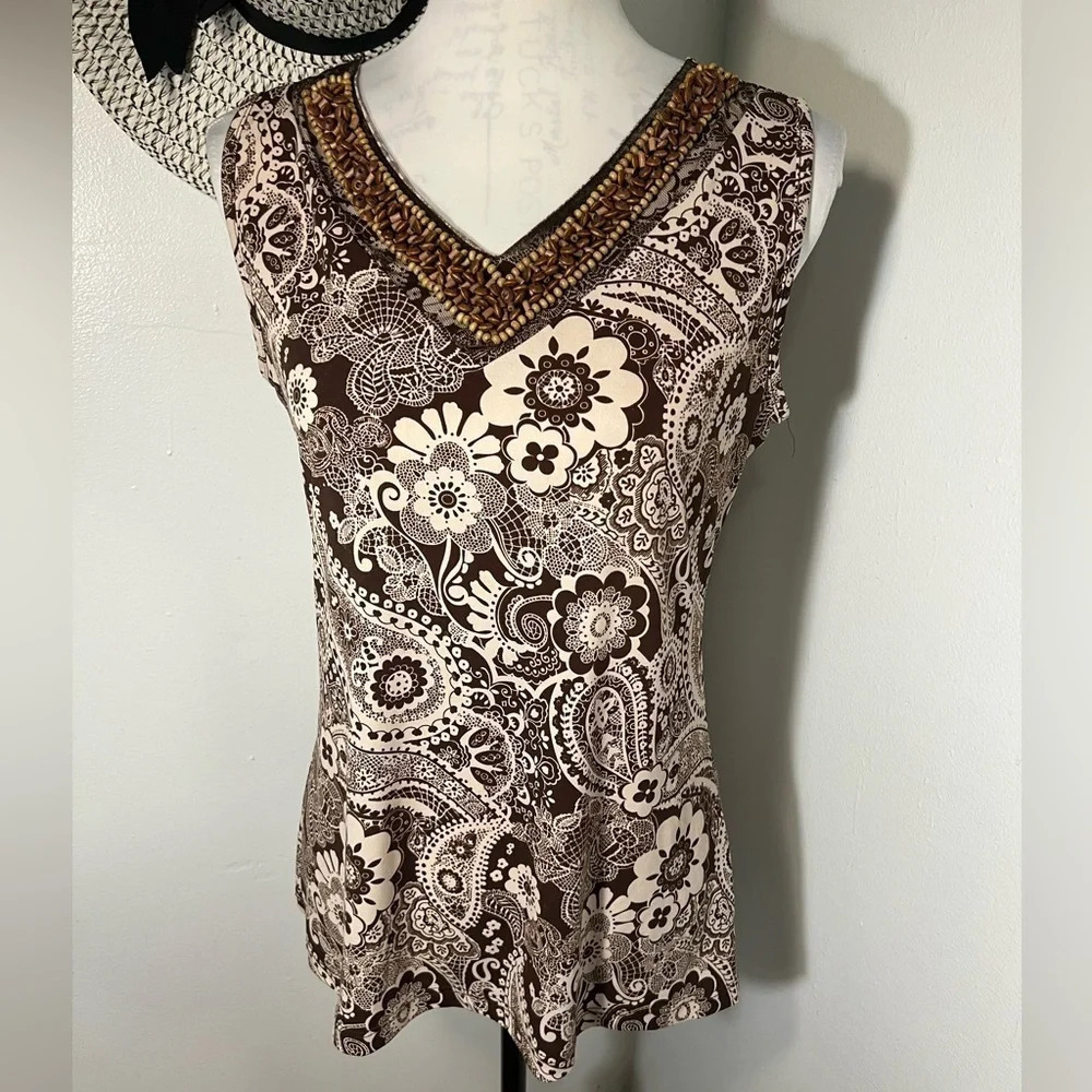 Charlotte Little, S, earth tone floral V neck tank‎ with bead and lace detail